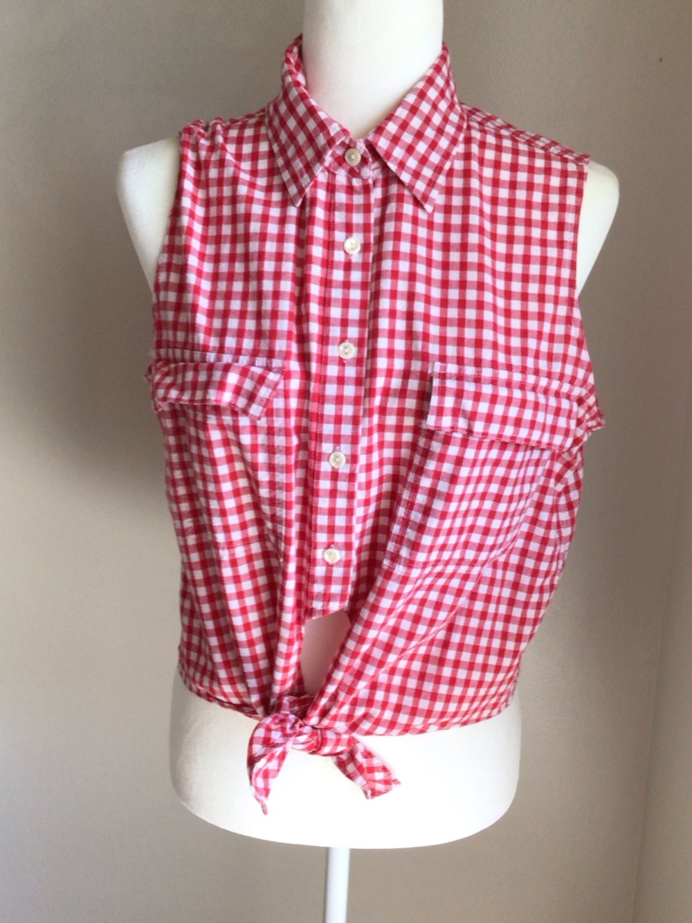 Hunt Club Red and White Gingham Sleeveless Button Down Top
